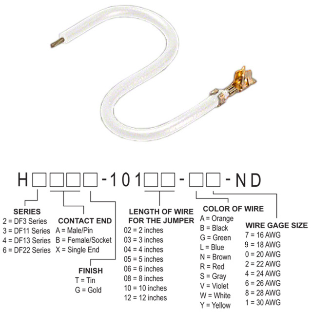 image of >White 24 AWG Jumper Lead Socket to Cable (Round) Tin 4.00" (101.60mm)>H2BXT-10104-W4