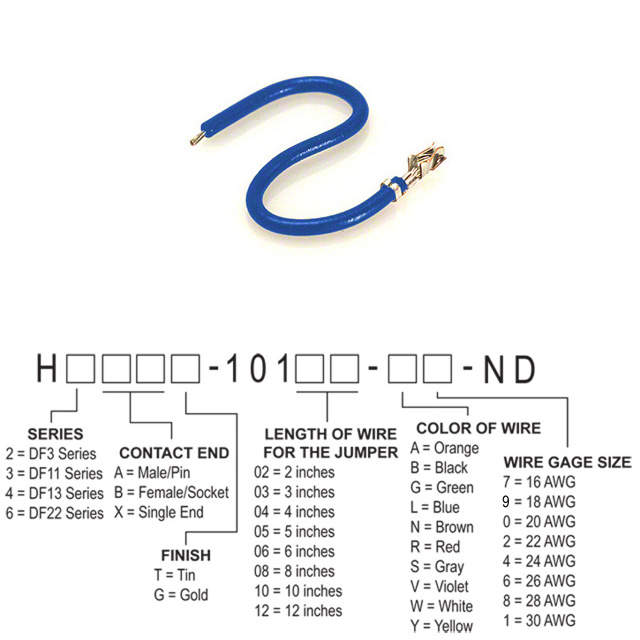 image of >Blue 28 AWG Jumper Lead Socket to Cable (Round) Tin 8.00" (203.20mm)>H2BXT-10108-L8